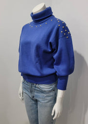 Vintage 80's Gold Studded Turtle Neck Pouf Sleeve Sweater Knit Top by Meister