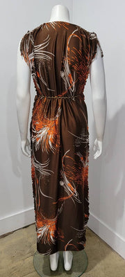 Vintage 70's Boho Hippy Glam Wheat Print Deep V Braided Maxi Lounger Dress