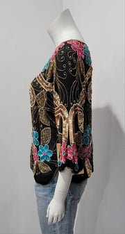 Vintage 80's Floral Beaded Sequin Deco Dolman Silk Top