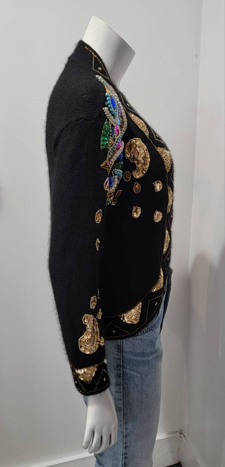 Vintage 80s Paisley Sequin Beaded Gem Silk Angora Sweater by Christina