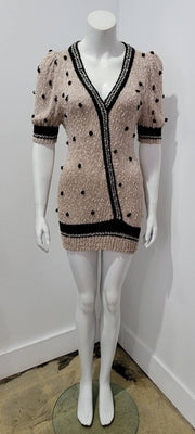 Vintage 80's Taupe Black Dot Border Stripe V Neck Puff Sleeve Knit Micro Mini Sweater Top