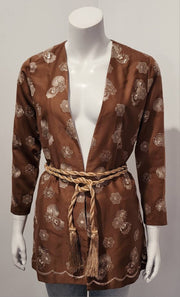 Vintage 70’s Asian Gold Lurex Floral Medallion Deep V Rope Tassel Tie Cardigan