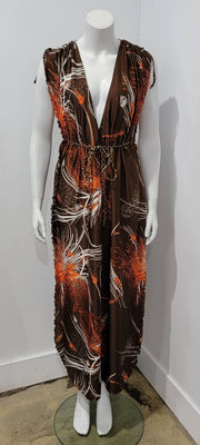 Vintage 70's Boho Hippy Glam Wheat Print Deep V Braided Maxi Lounger Dress