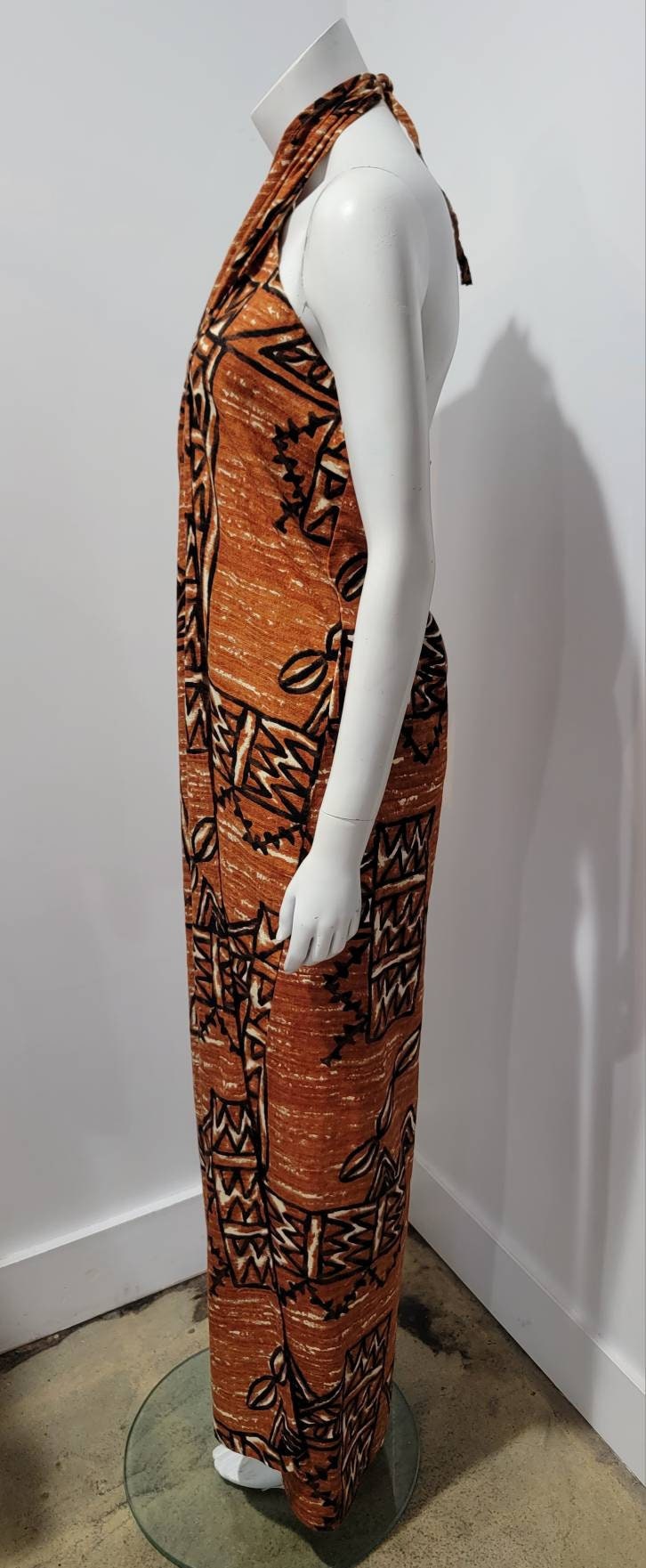Vintage 80s Ethnic Tribal Hawaiian Cover Up Pareo Sarong Halter Wrap Maxi Dress