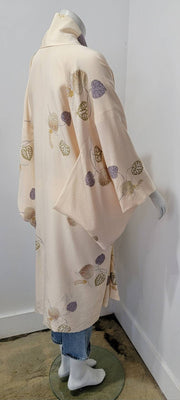 Boho Ethnic 70s Kimono Pastel Peach Deco Leaf Midi Duster Robe