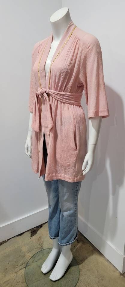 Vintage Reclaimed Rose Pink Cotton Gauze Gold Lurex 70s Kimono Robe Duster Top