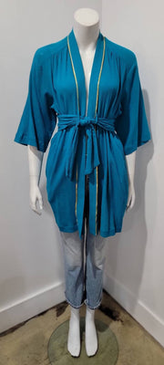 Vintage Reclaimed Teal Blue Cotton Gauze Gold Lurex 70s Kimono Beaded Crest Robe Duster Top