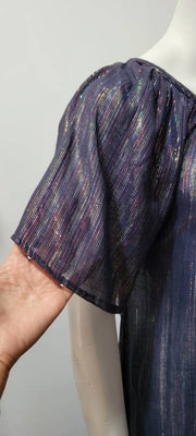 Vintage 70's Ethnic Boho Hippy Multi Lurex Stripe Flutter Sleeve Maxi Dress
