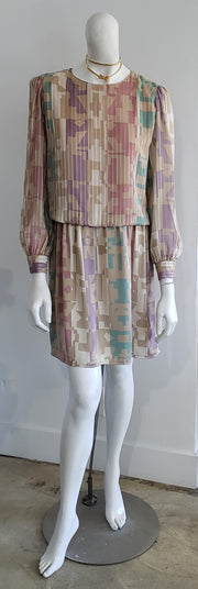 Vintage 80's Beige Multi Abstract Chiffon Silk Puff Sleeve Glam Mini Dress