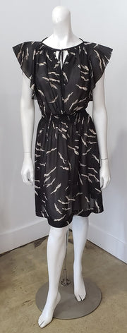 Vintage Black Abstract Print Smocked Waist Flutter Sleeve Dress